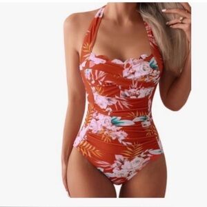 NWT Eomenie One-Piece Tummy Control Halter Swimsuit Orange & White Size S